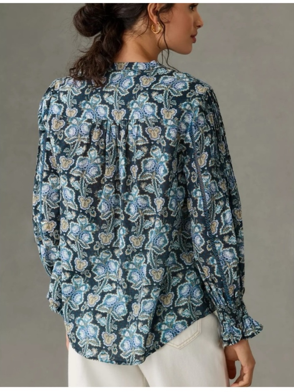 BOGO! Anthropologie Cotton Pintuck Peasant Blouse Blue Floral Motif XXS - Picture 3 of 11